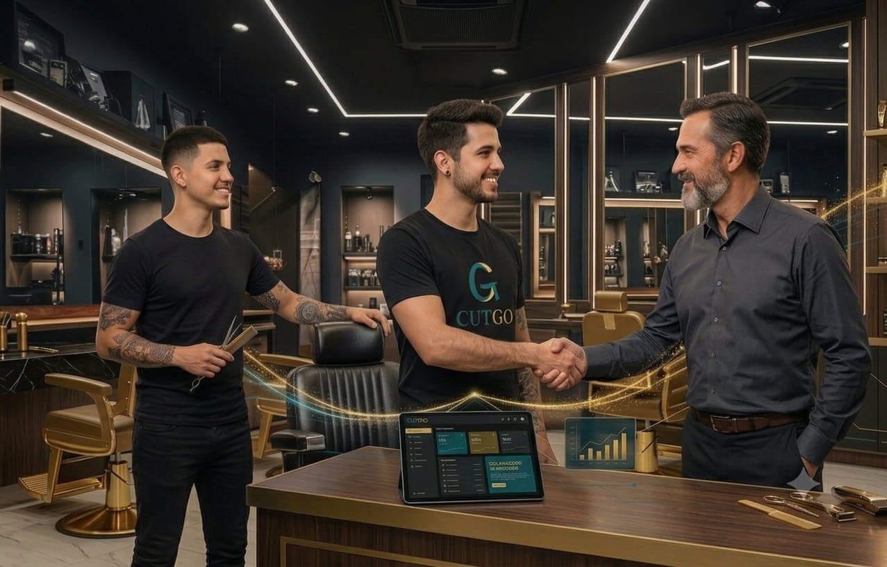 Aperto de mãos numa barbearia parceira do CutGo, com o painel aberto no tablet