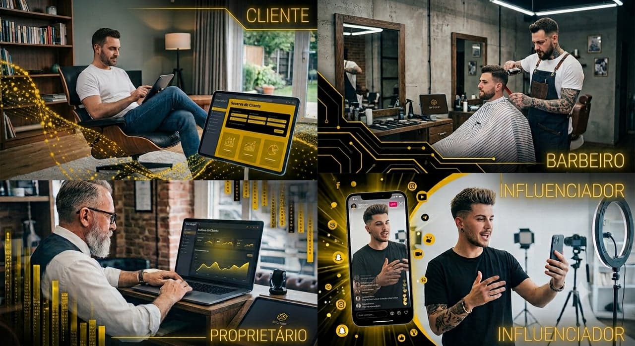 Os quatro perfis do CutGo: cliente, barbeiro, proprietário e influenciador